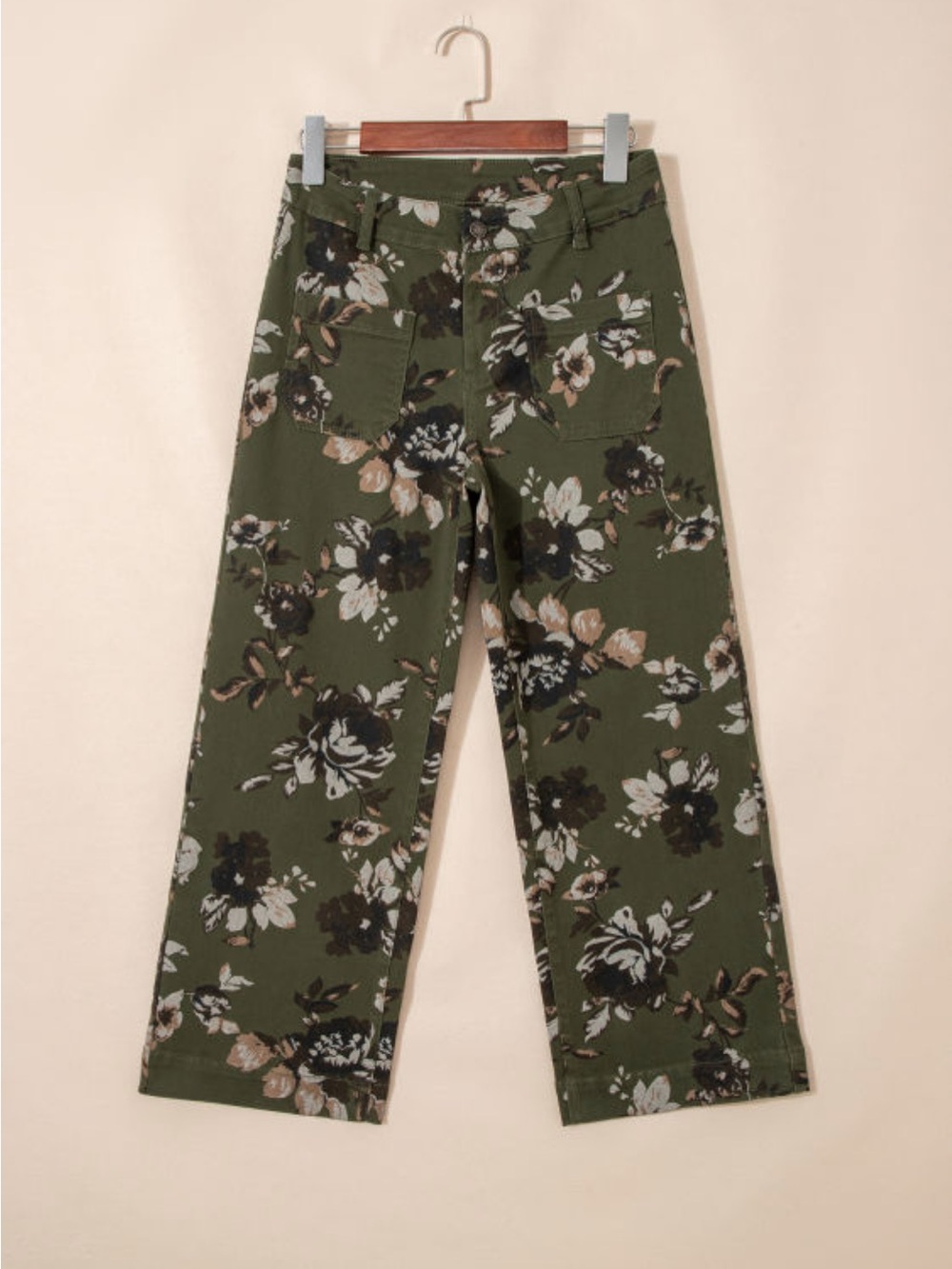 Olive Green Floral Print Wide-Leg Jeans